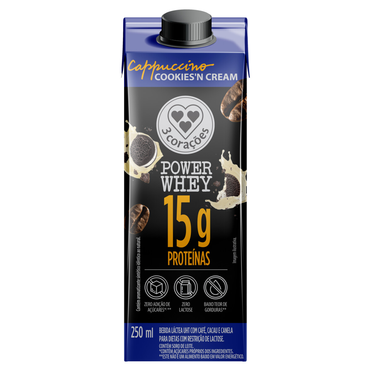 Bebida Láctea 3 Corações Power Whey Cappuccino Cookies'N Cream - 250ml